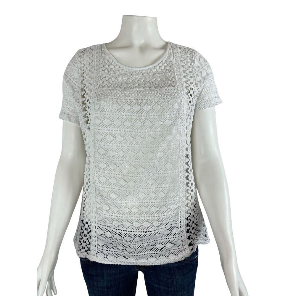 Lucky Brand Crochet Front Short Sleeve Shirt Medium Sheer White